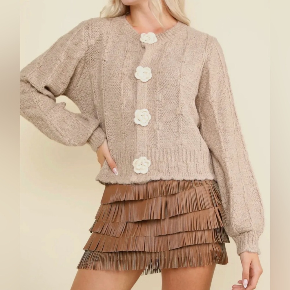 Tan Cardigan w/ Crochet Flower buttons - NWT